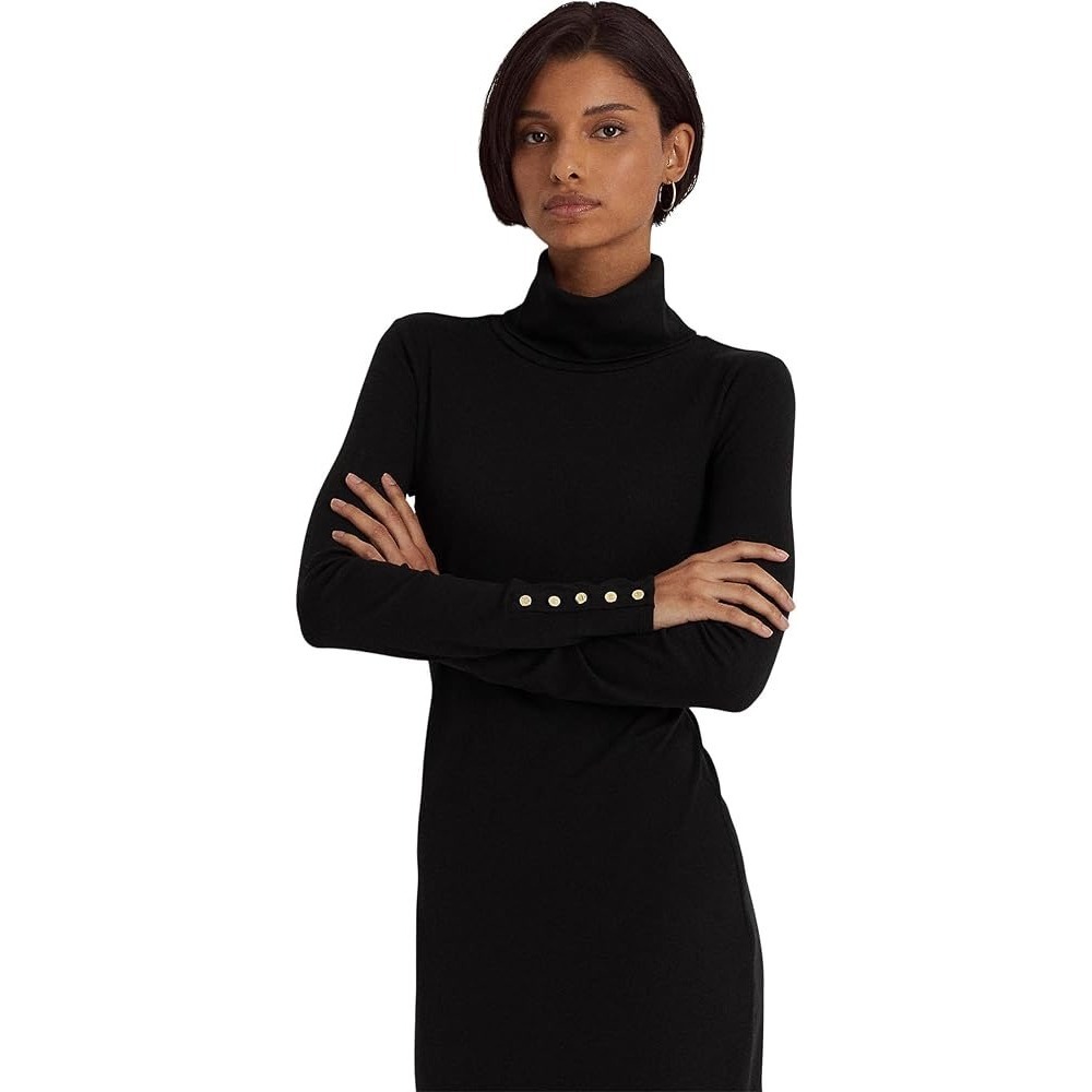 Lauren Ralph Lauren Turtleneck Dress 6‎ Black Ribbed Old Money Mob Wife